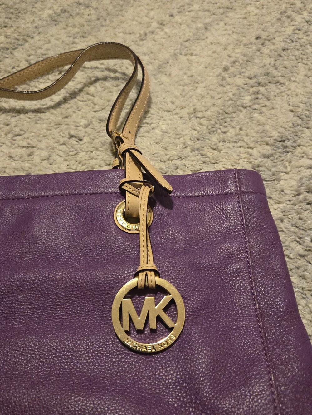 Michael Kors Purple Pebbled Leather Tote Bag Shoulder Purse MK Charm Large - Picture 3 of 11